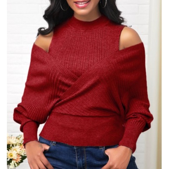 Sweaters - Burgundy open or close shoulder lg sweater